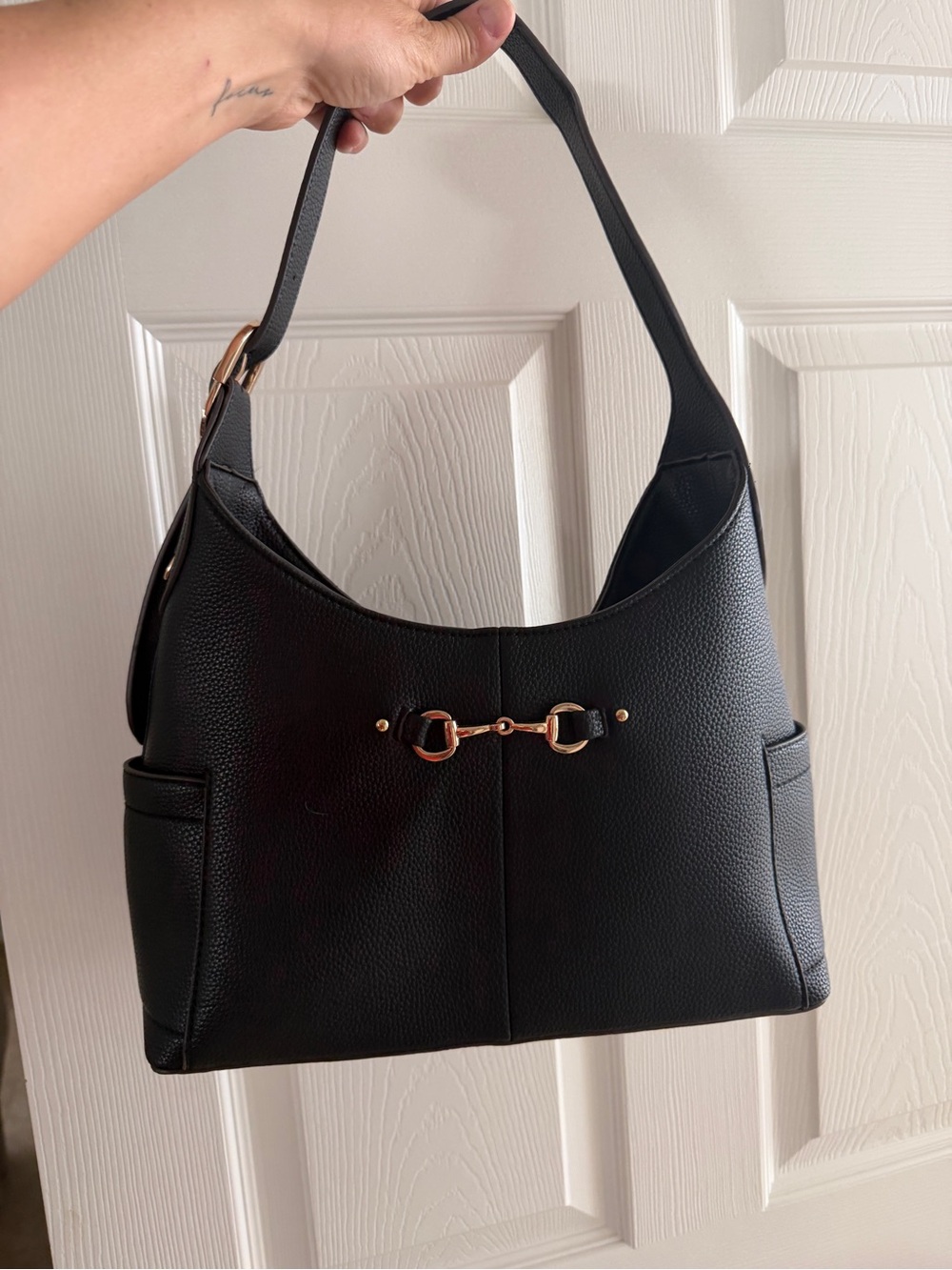 Classic Black Leatherette Shoulder Bag with Gold Horsebit Accent